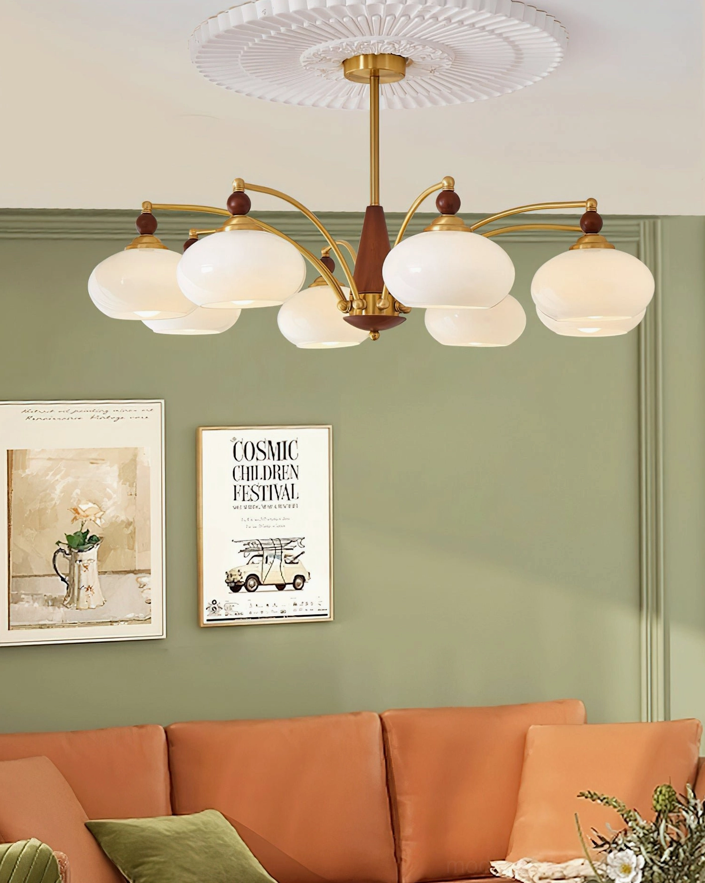 Retro Calliope 5-light chandelier isolated studio product photo - brass metal with wood body and glass shades