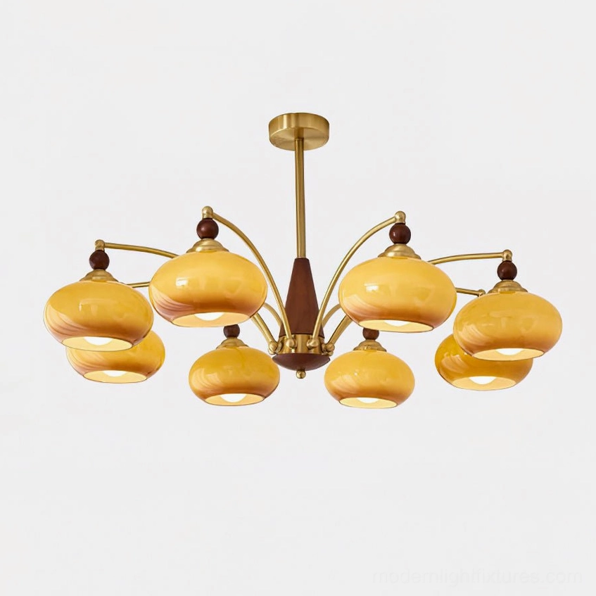 Retro Calliope 8-head caramel glass chandelier - large multi-light fixture warm finish