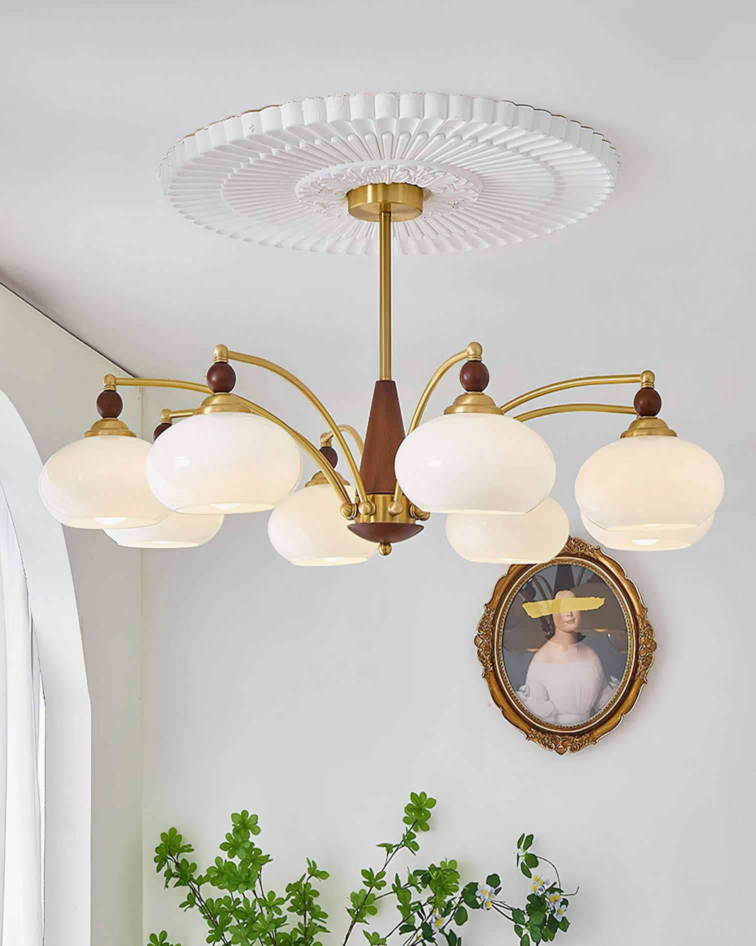 Retro Calliope 8-light vintage chandelier side profile - showing depth of brass frame and glass shade arrangement