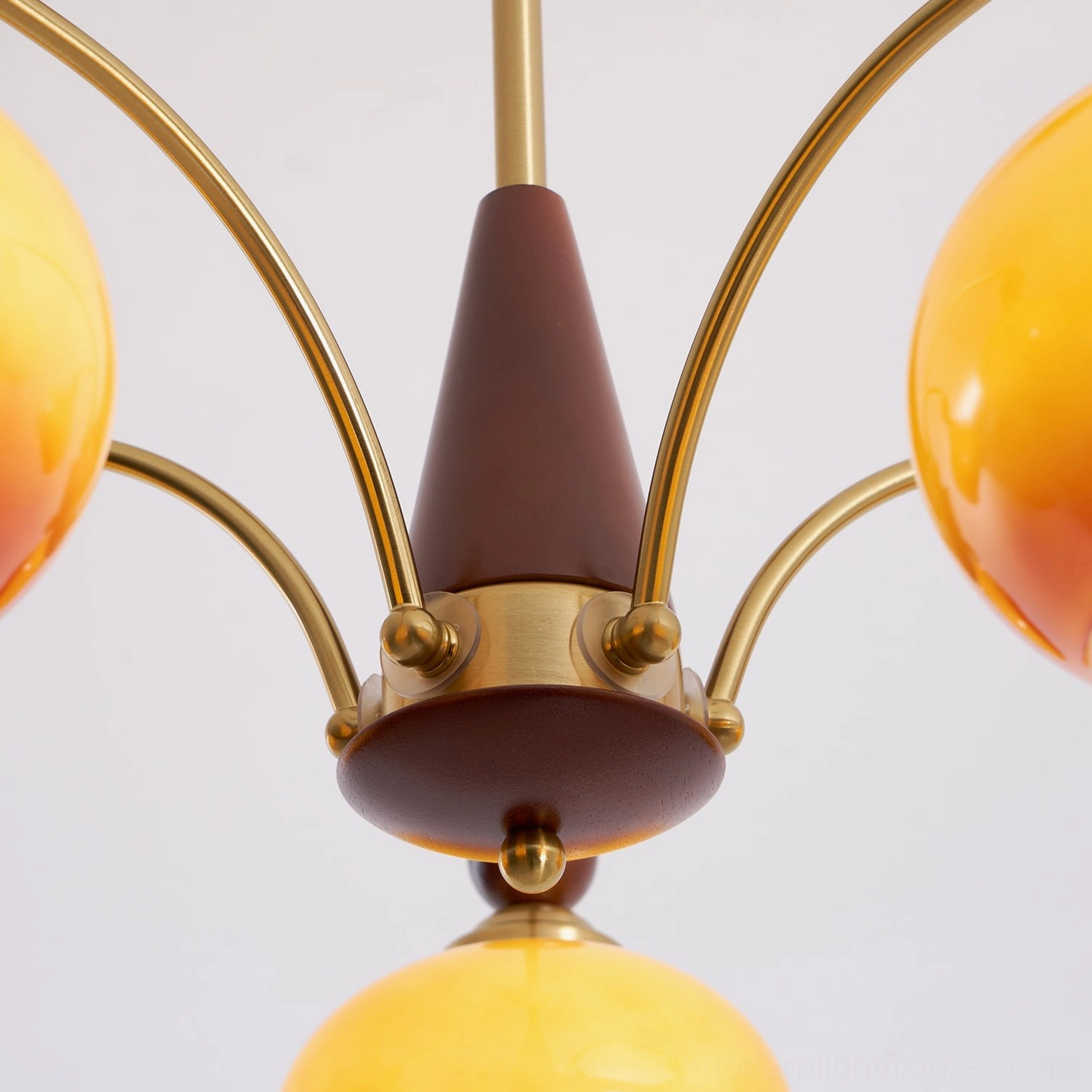 Retro Calliope vintage chandelier - mid-century modern brass and wood design perspective
