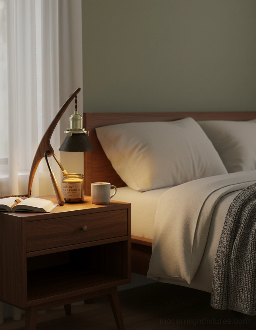 Retro candle warmer lamp bedside nightstand cozy bedroom linens, book, warm ambient glow