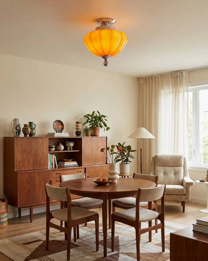 Mid-century modern dining room interior with amber ribbed glass ceiling light fixture providing warm ambient lighting