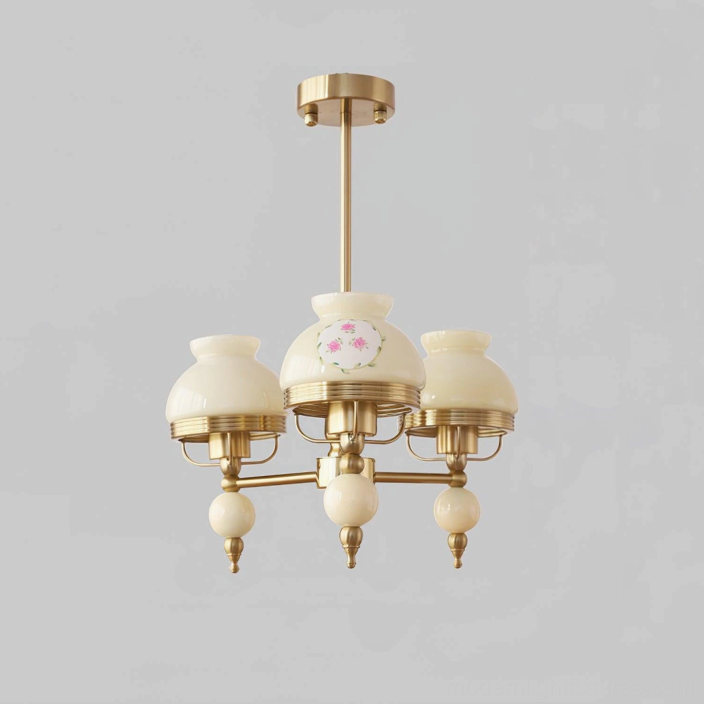 3-head vintage floral chandelier Model B Beige with white ceramic pendants