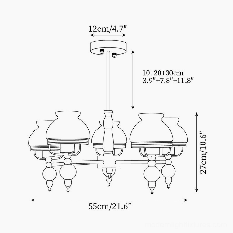 5-head vintage floral glass chandelier 55cm diameter technical specification drawing
