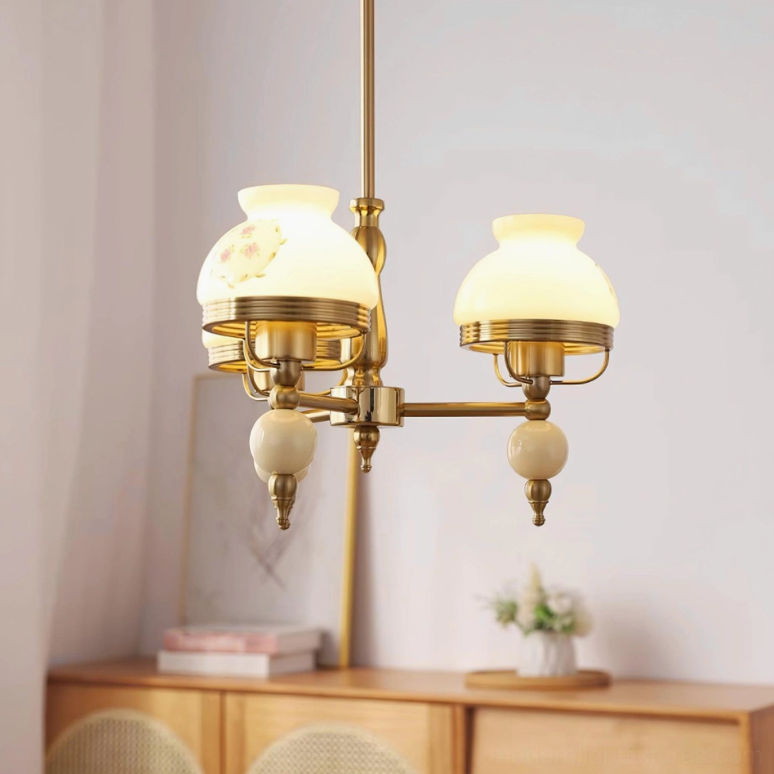 5-head retro pendant light with brass arms and milky white glass shades in Nordic home setting