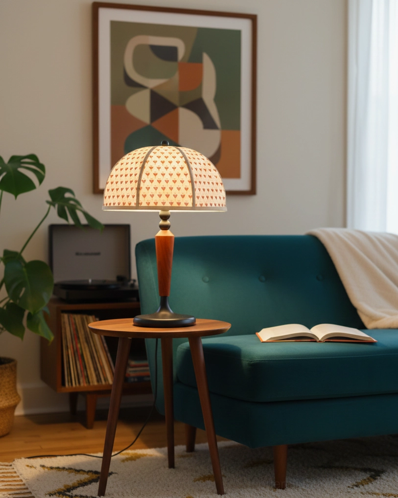 Retro dome table lamp side view on wooden side table next to teal sofa living room