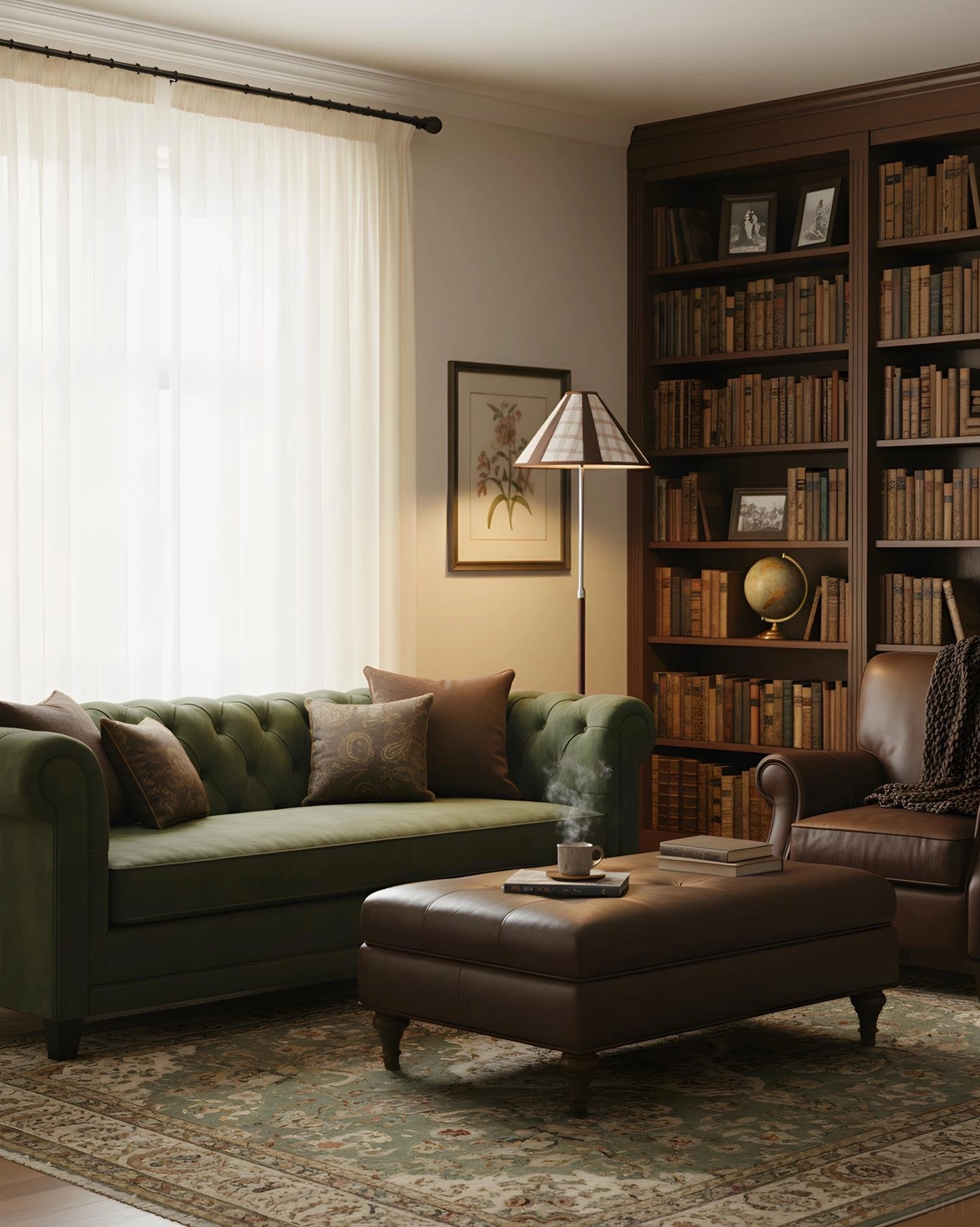 Retro plaid fabric floor lamp beside tall bookshelf in green sofa study room interior
