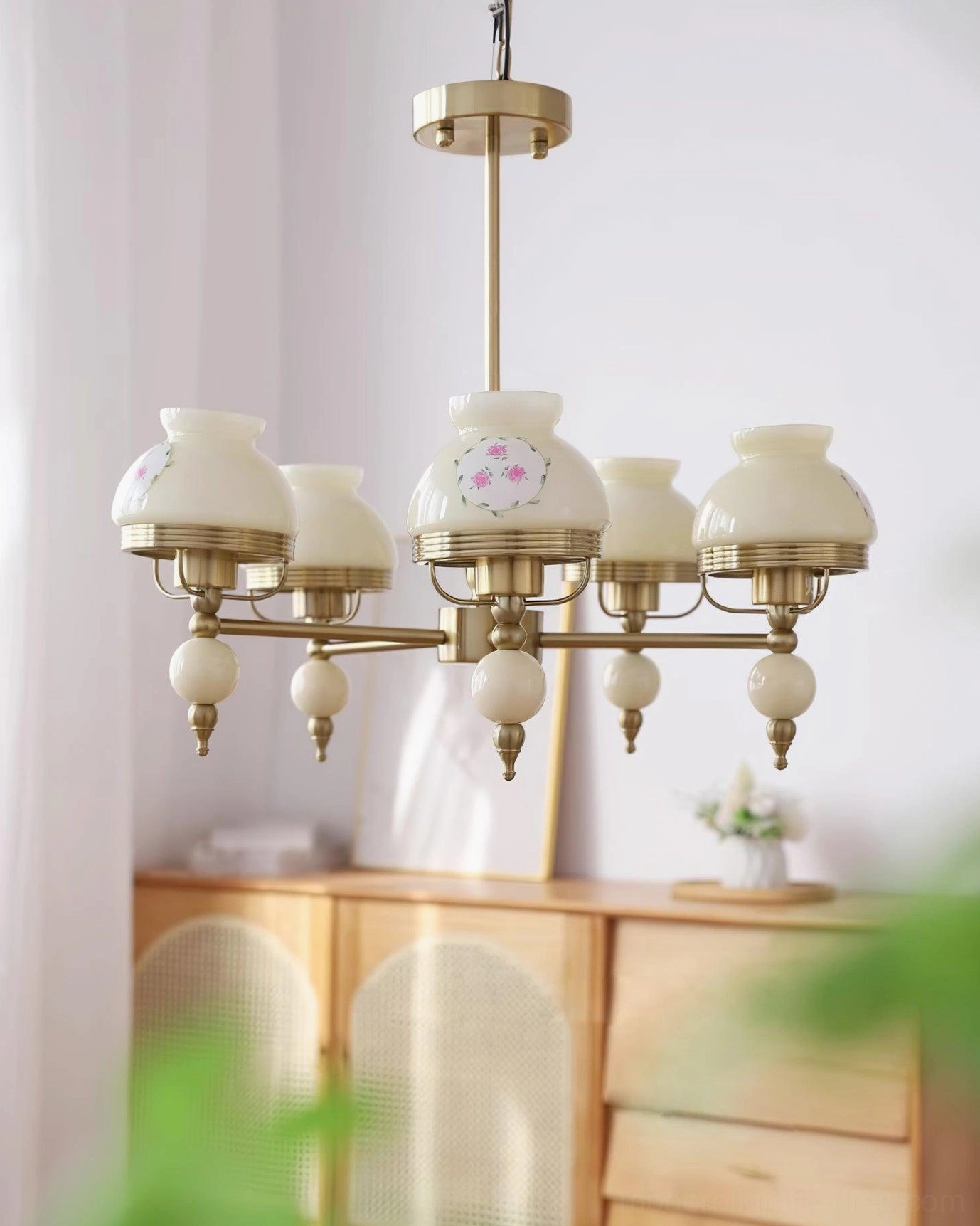 3-head vintage chandelier with intricate floral glass pattern and antique brass frame