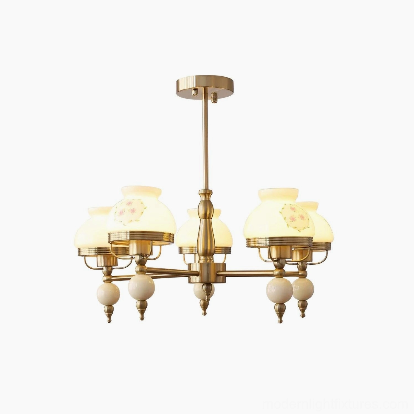 3-head retro floral glass chandelier with antique brass suspension rod and ceramic pendants