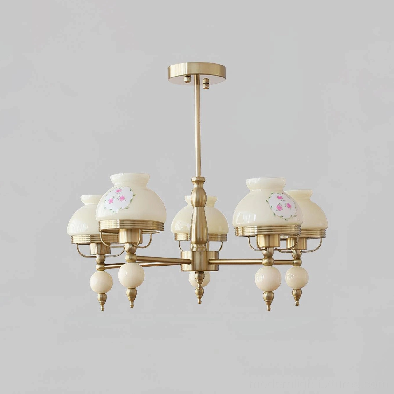 5-head retro pendant light fixture Model B Beige with white glass shades