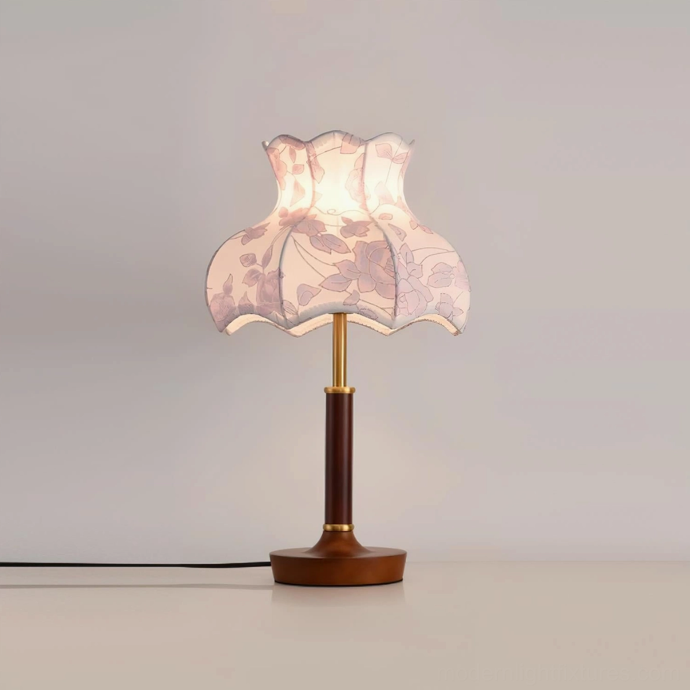 Retro floral table lamp with scalloped edge fabric shade, complete product view with cord and base