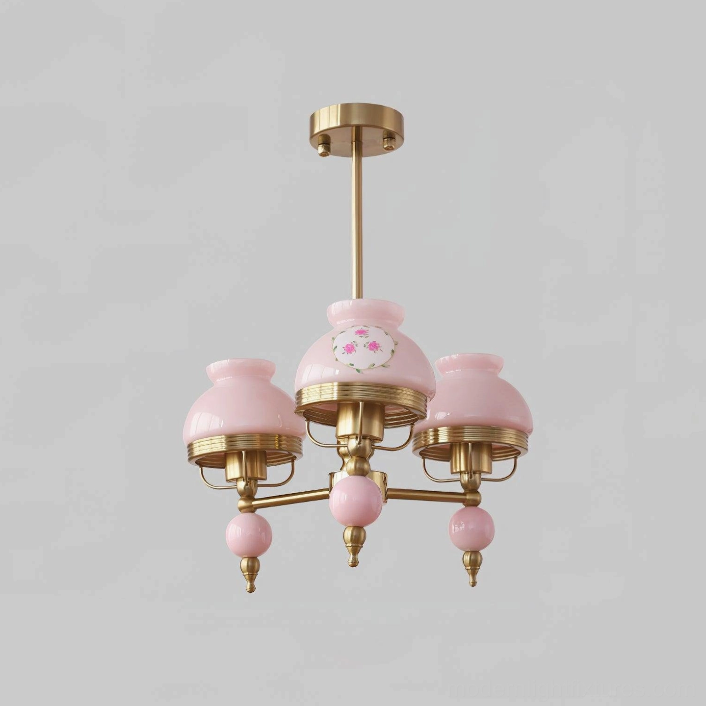 3-head retro pendant light Model B Pink with flower glass shades and antique brass