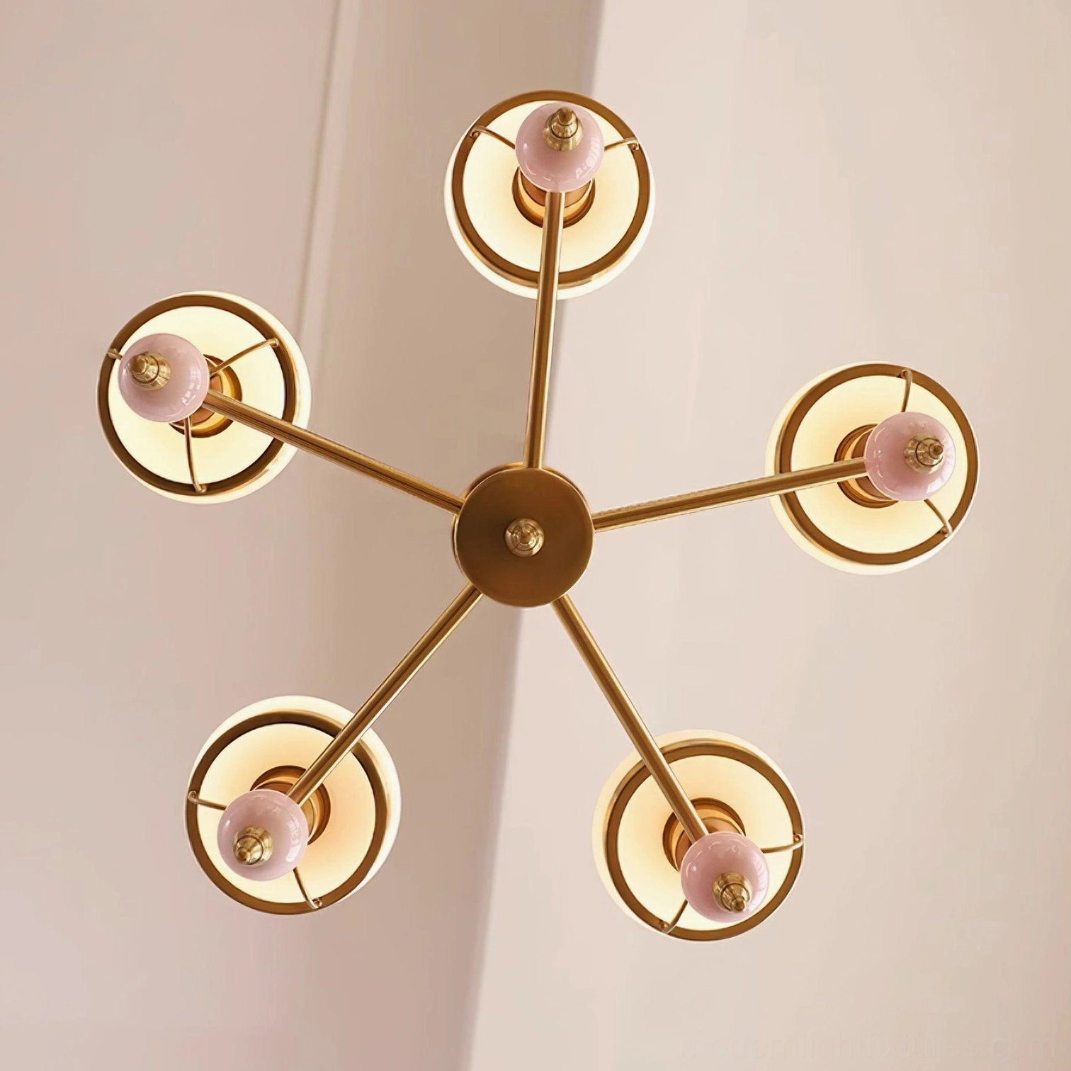 Vintage floral chandelier close-up showing glass shade texture and brass hardware construction