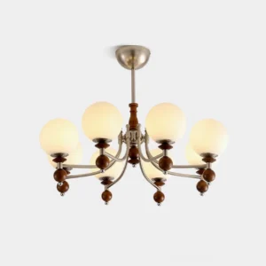 8-head retro globe chandelier with frosted white glass shades and nickel-finished canopy - mid-century modern pendant light fixture