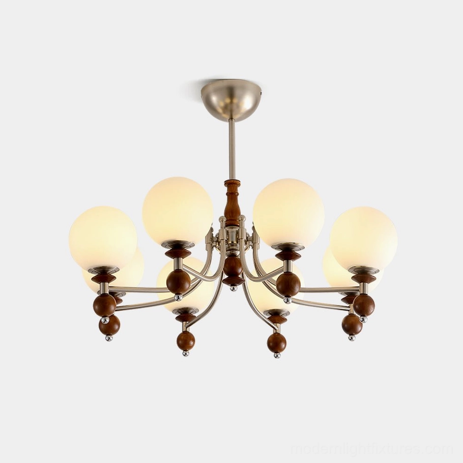 8-head retro globe chandelier with frosted white glass shades and nickel-finished canopy - mid-century modern pendant light fixture