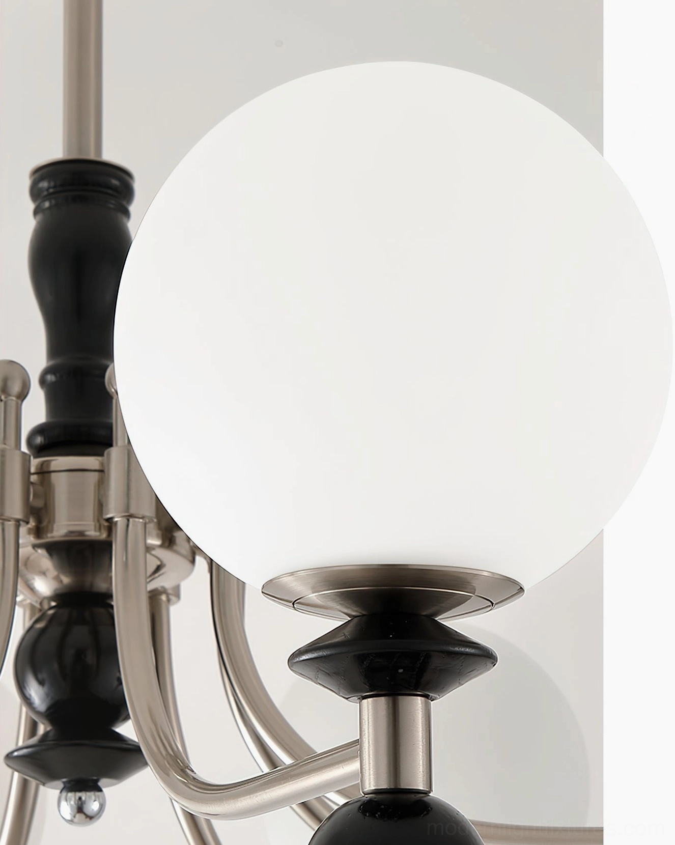 Retro globe chandelier bottom view showing glass shade arrangement and metal frame structure