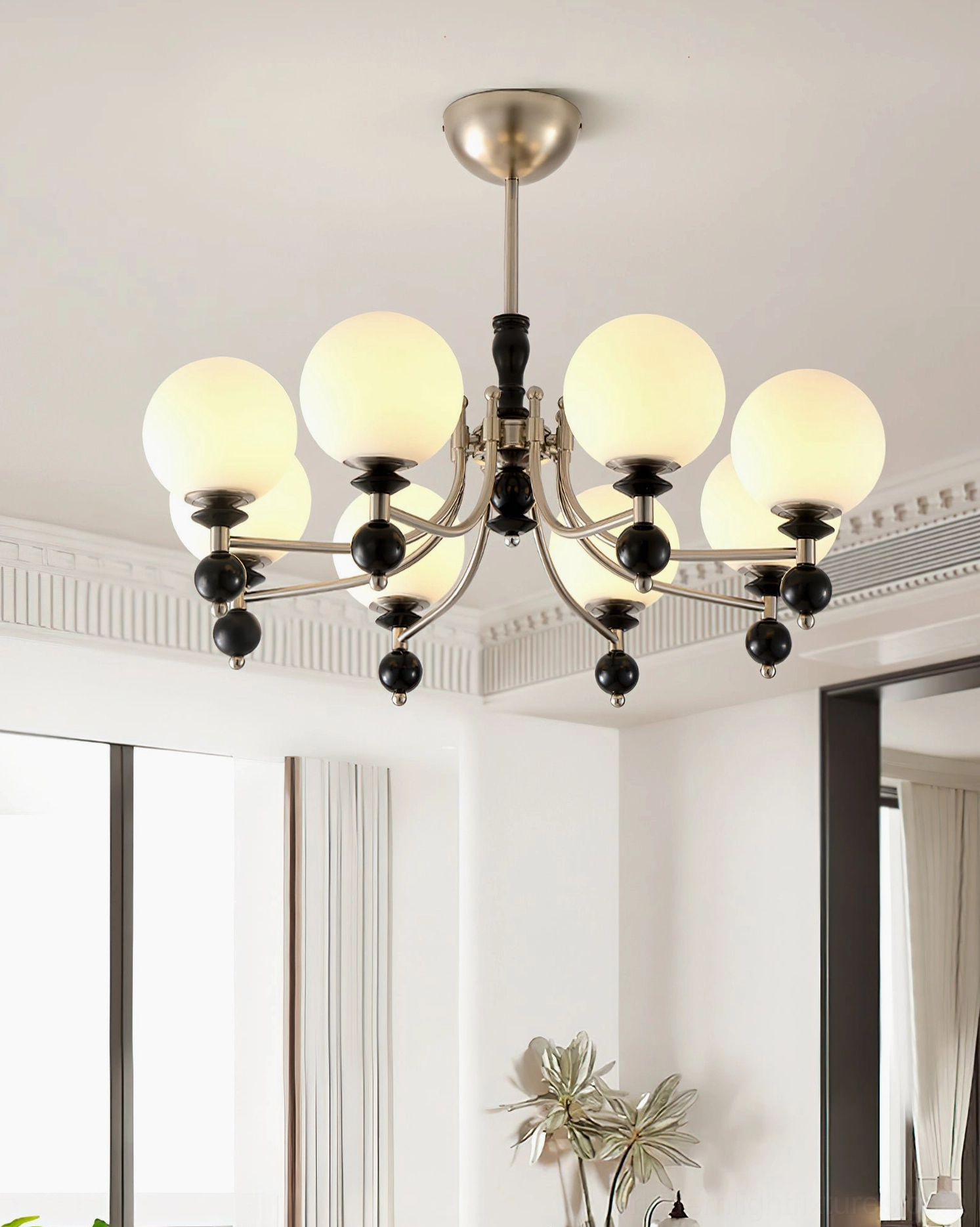 8-head retro globe chandelier with black metal frame and frosted glass in bright modern living room