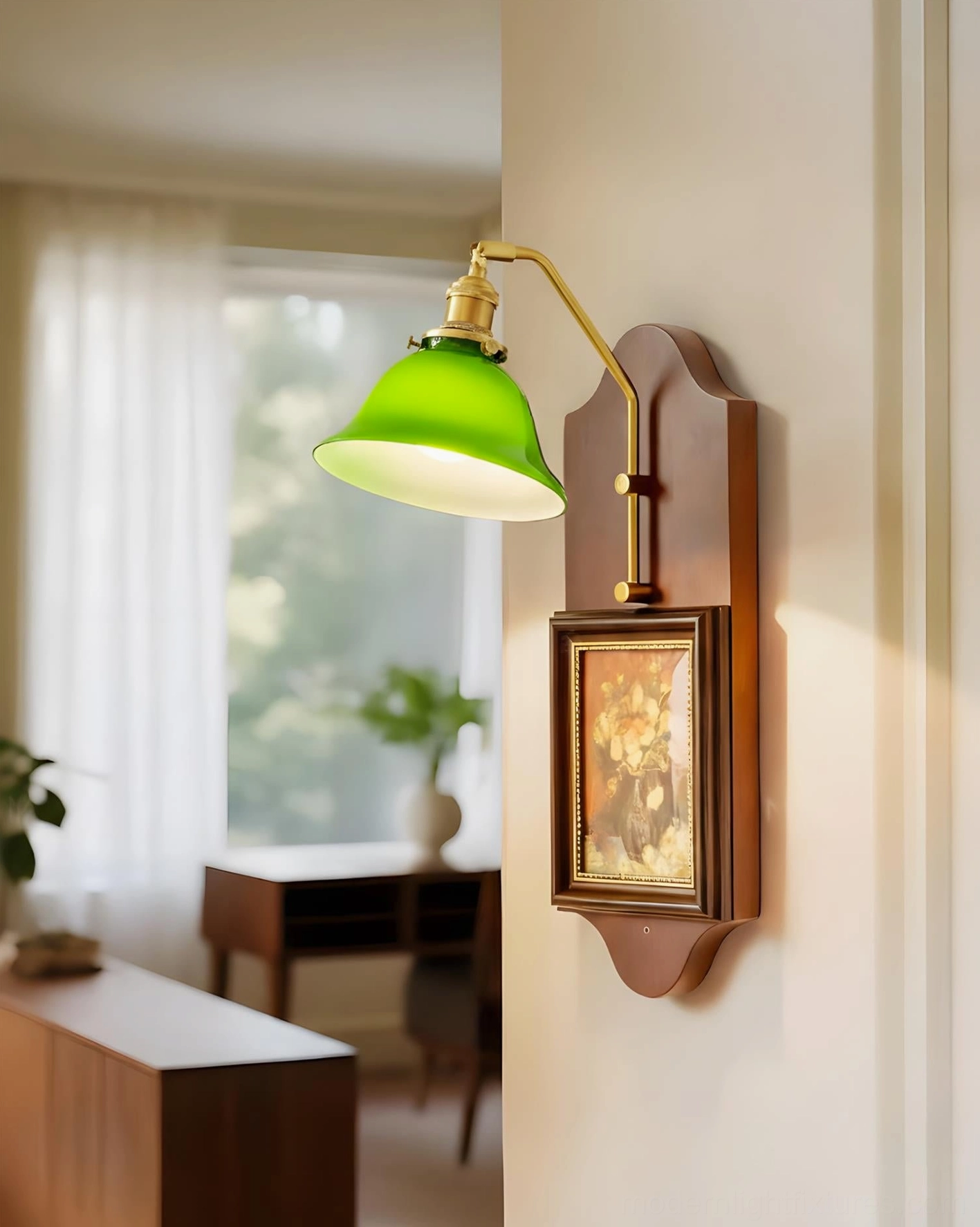 Retro wall sconce with lit emerald shade and wooden backplate frame near natural window light