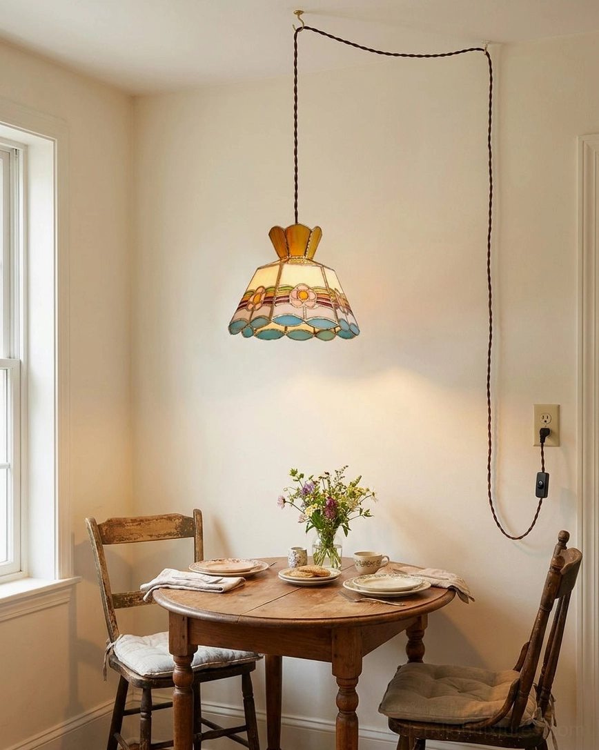 Hand-cut stained glass pendant light with plug-in braided cord installed in small dining nook creating farmhouse retro decor ambiance with warm colored glass illumination