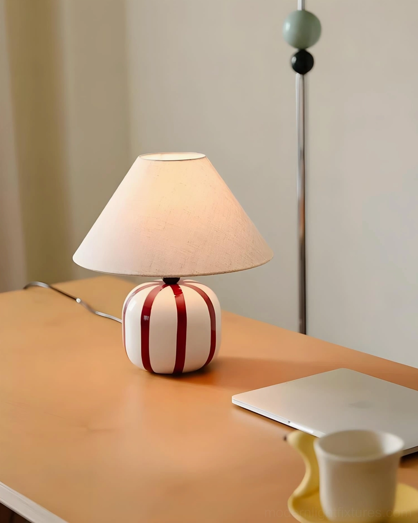 Retro ceramic striped table lamp push button switch cord integrated
