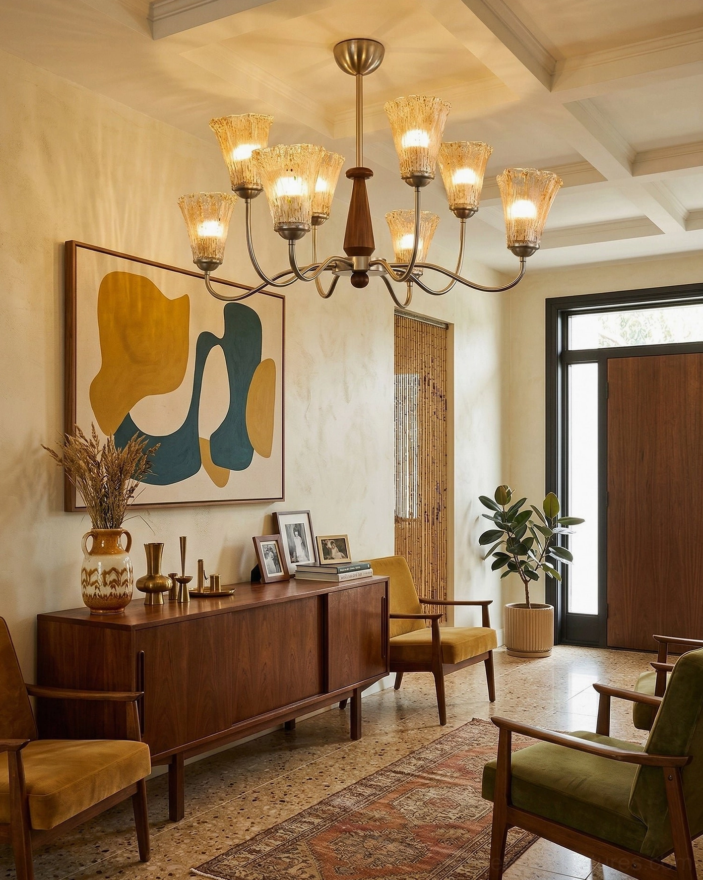 Retro Living Room Chandelier with Wooden Sideboard - Soft Warm Ambient Glow with Earthy Tones