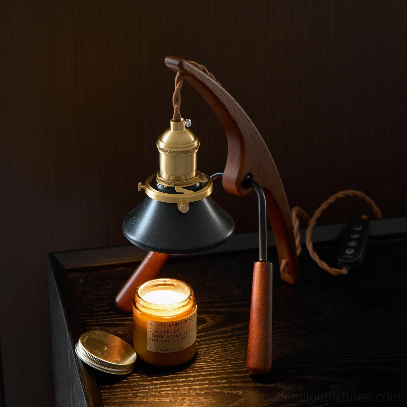 Retro mantis wax warmer lamp, natural wood tones, contemporary and bohemian interior compatibility