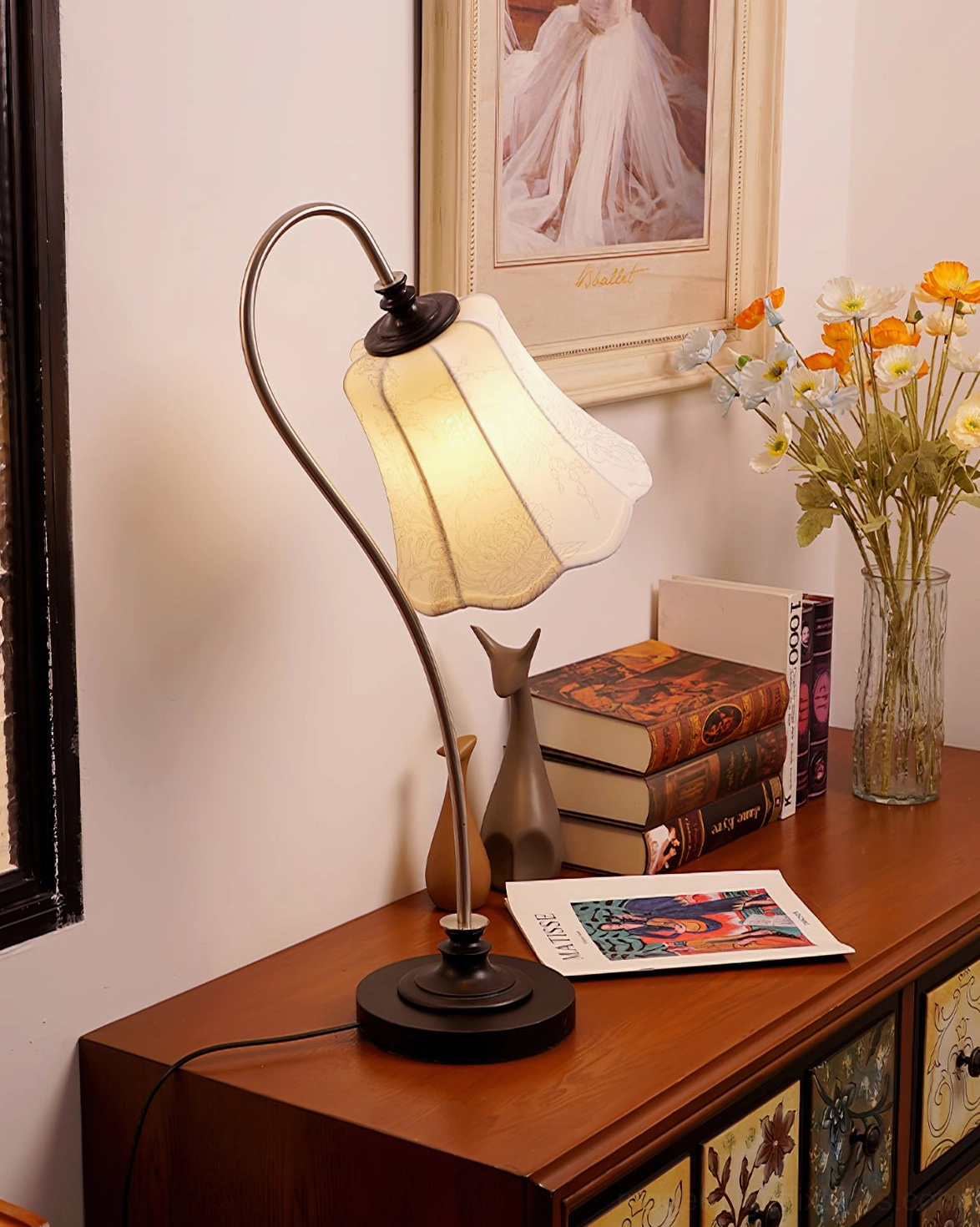 Retro metal table lamp with flared fabric shade and dark wooden base - home side table styling
