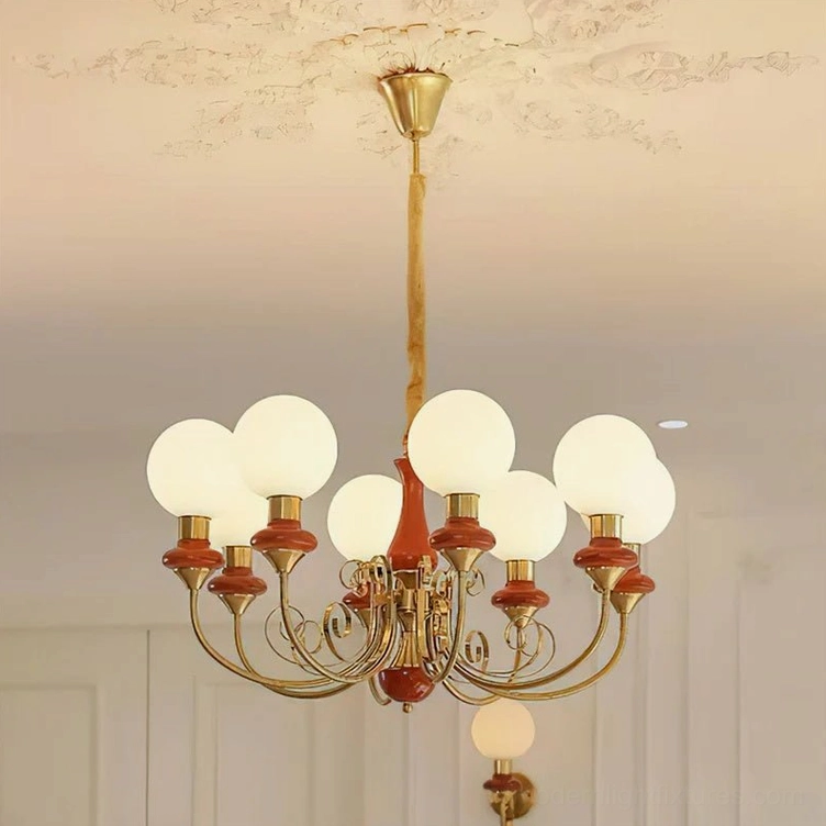 Retro modern glass chandelier with ceramic accent bases and milky white shades