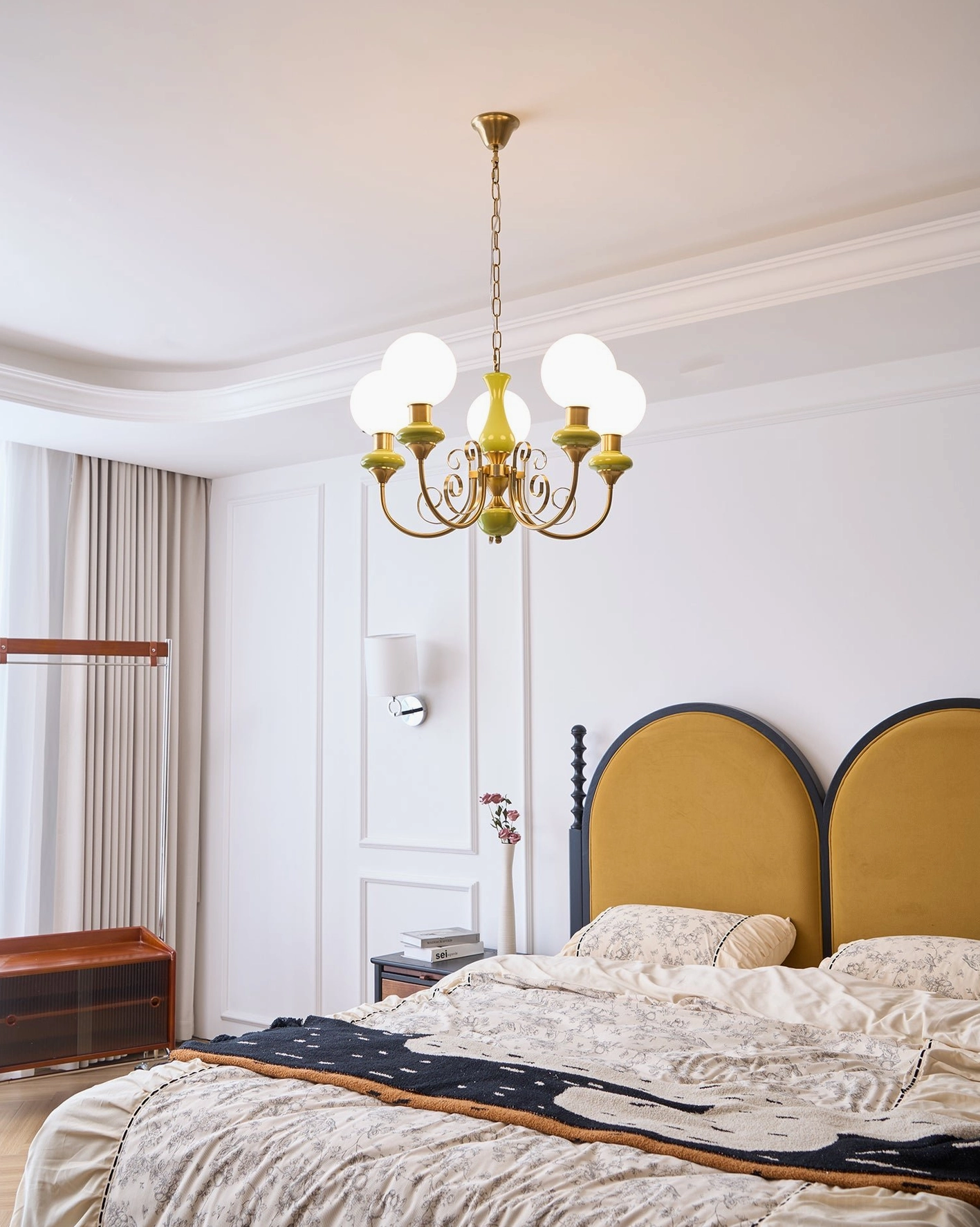Retro modern glass chandelier with gold finish arms and milky white shade design