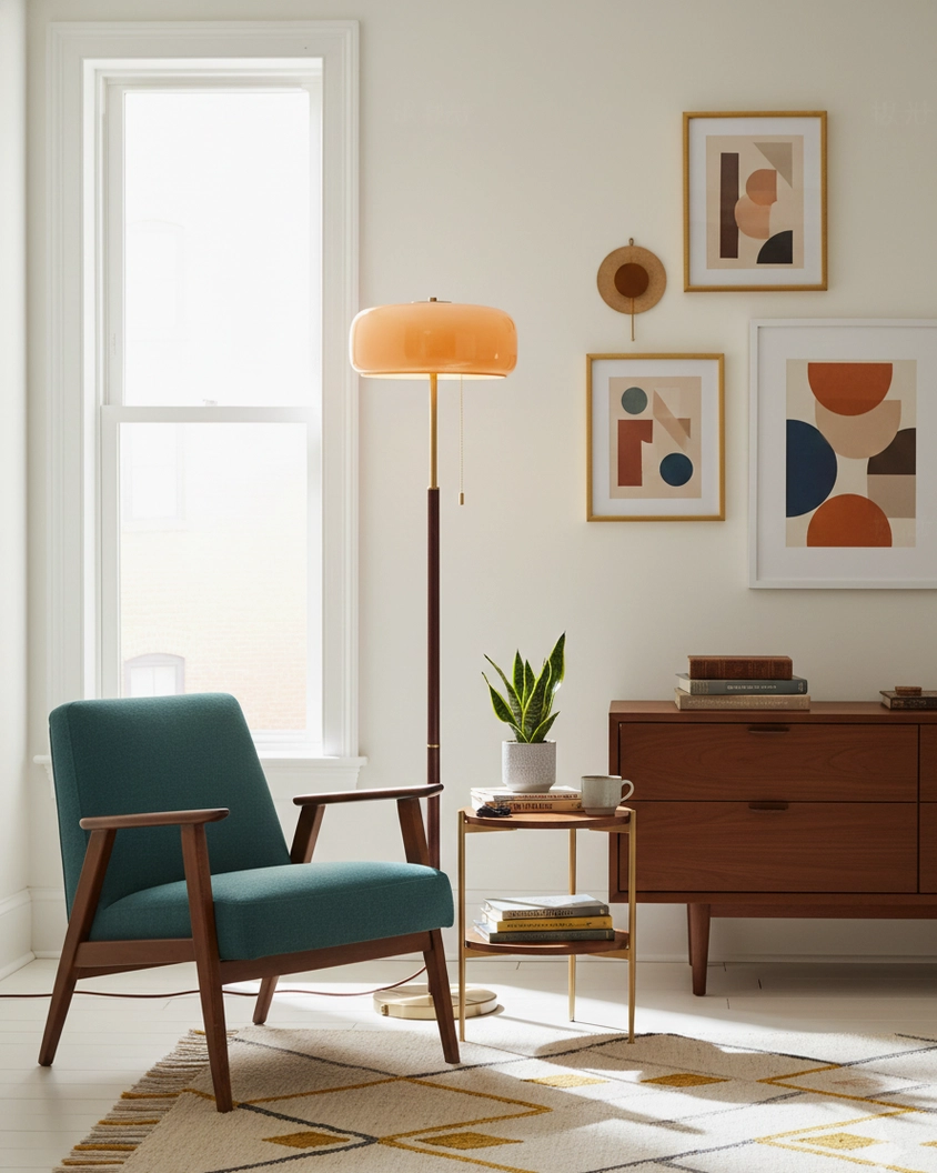 Retro mushroom floor lamp with warm glass shade beside teal armchair and wall art in lounge space