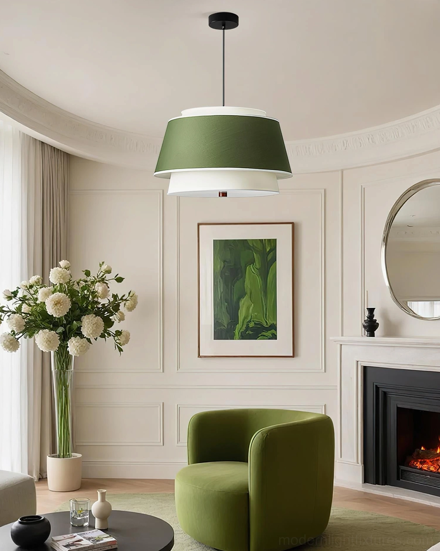 Retro Nordic two-tone pendant lamp green upper shade white lower tier with fireplace elegance