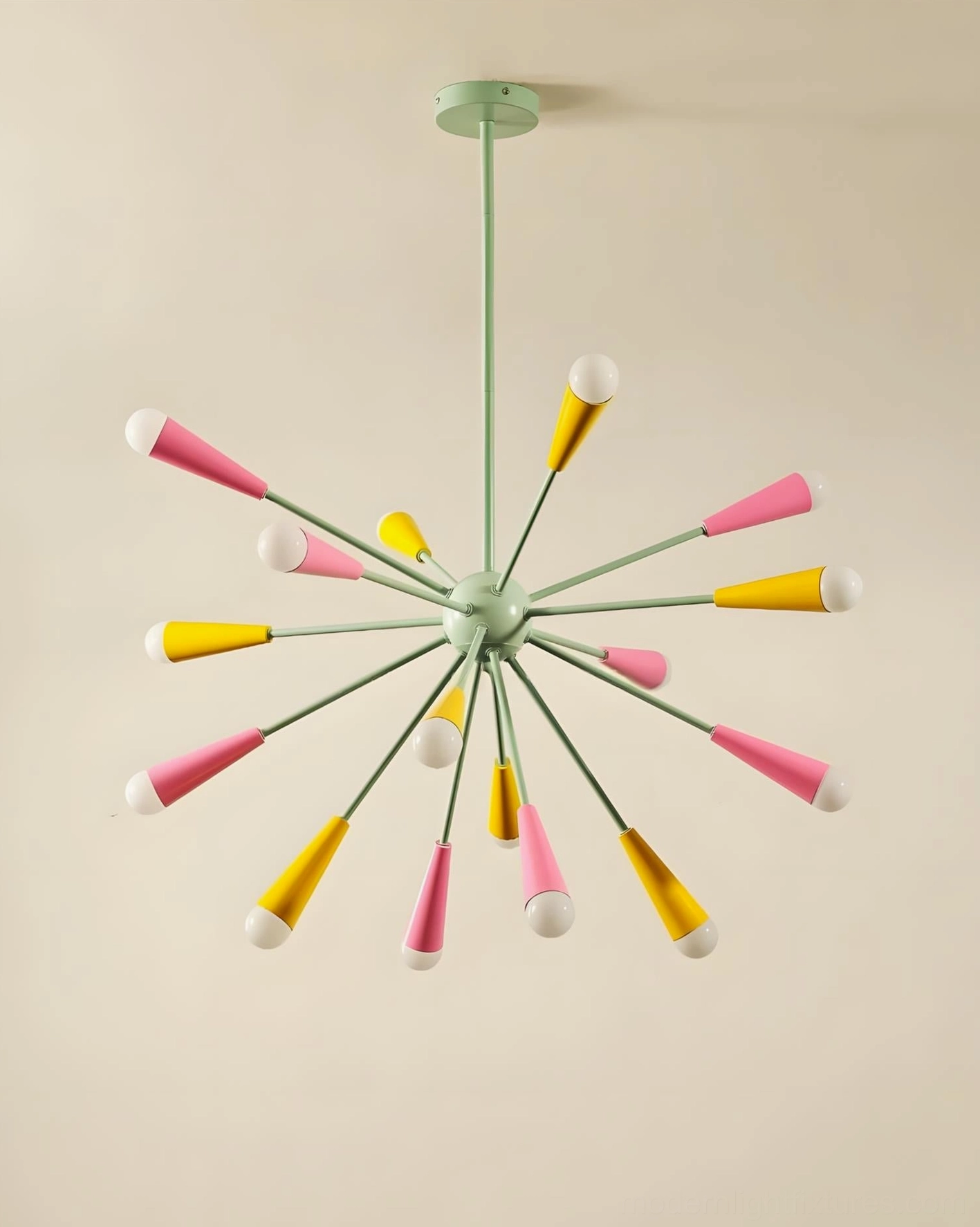 Retro pastel sputnik pendant light, complete starburst formation, mint-green frame with pink yellow conical covers, 1950s-inspired atomic modern