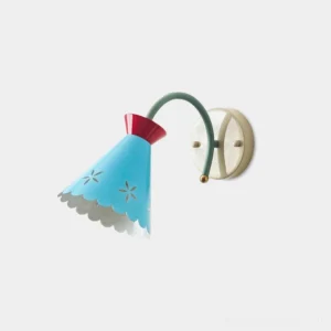 Retro pastel wall sconce with blue floral-cut shade and red collar - front view on white background
