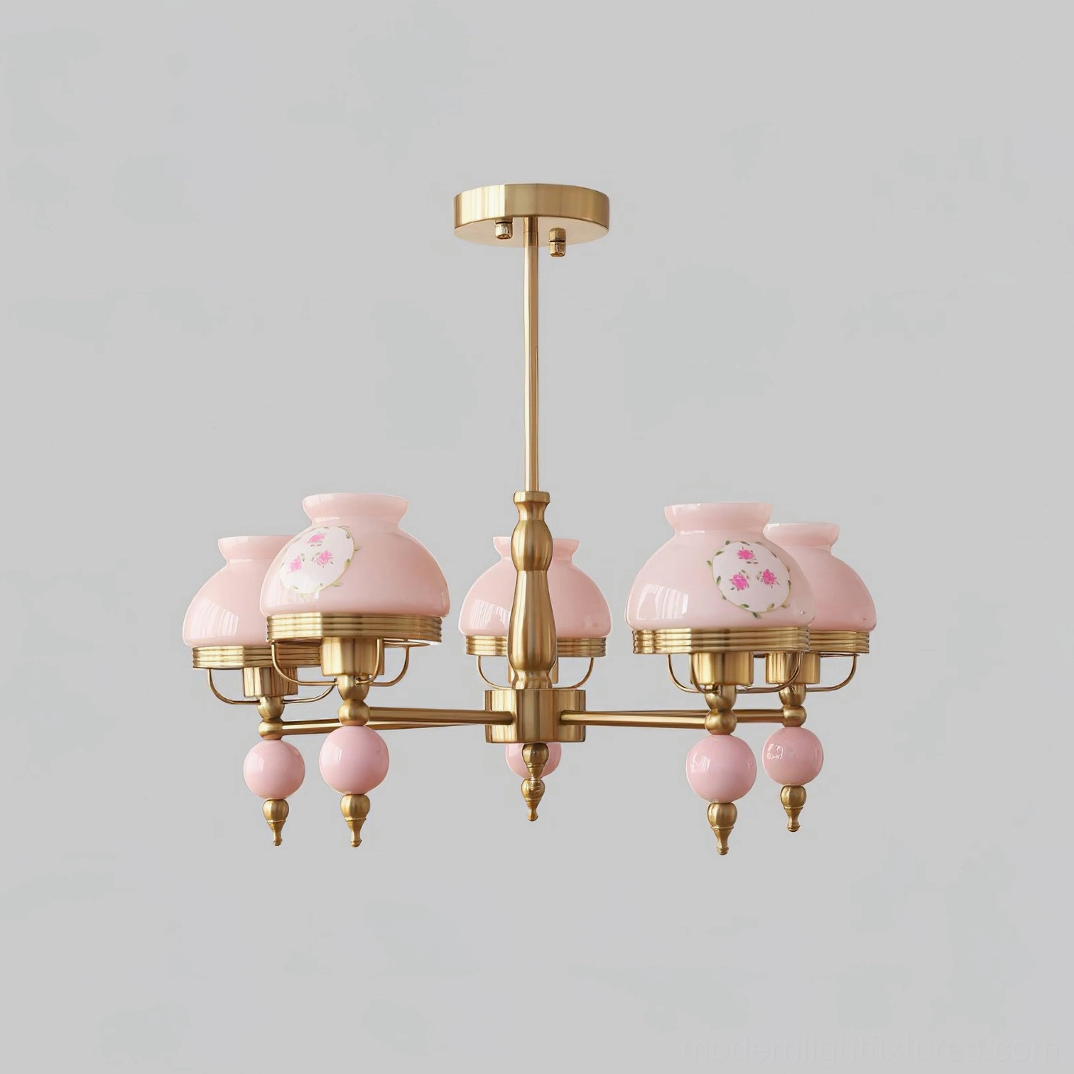 5-head retro chandelier Model B Pink with flower glass shades and brass hardware