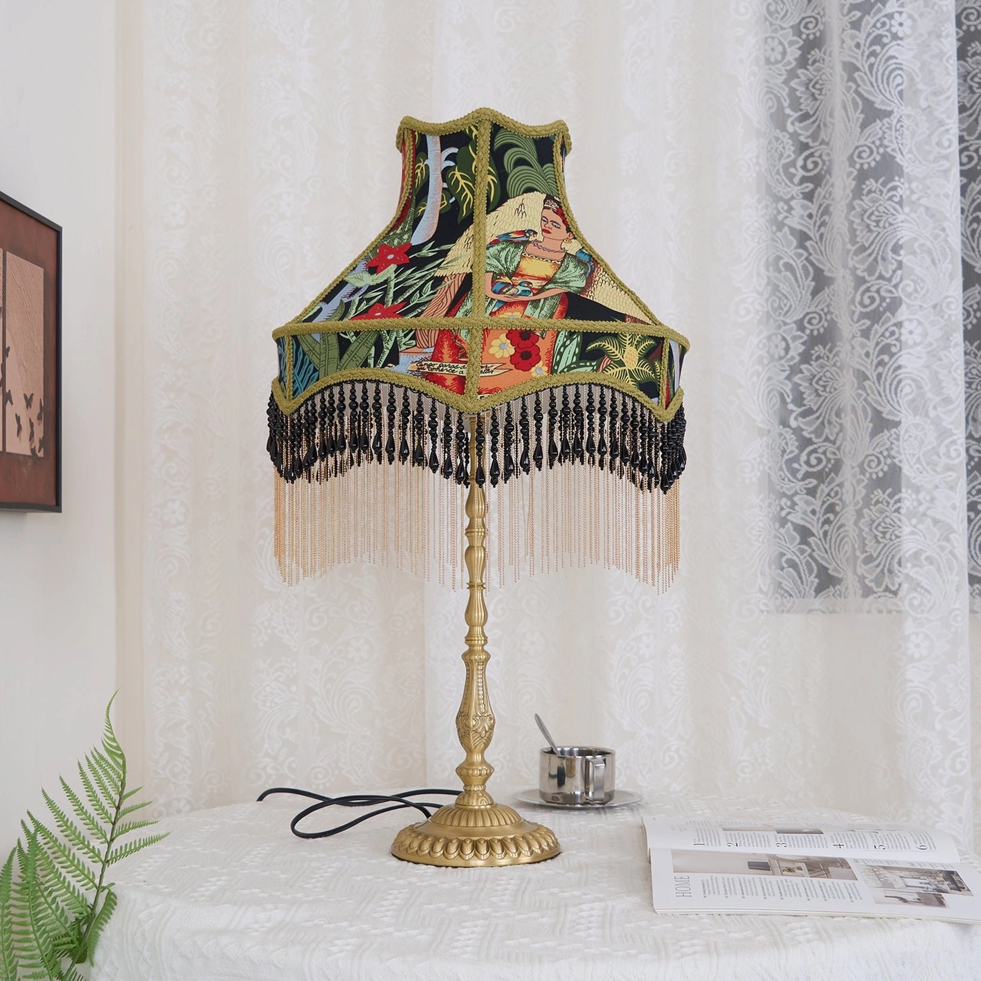 Retro peony botanical lamp with hand-bound seams and etched brass base detail view