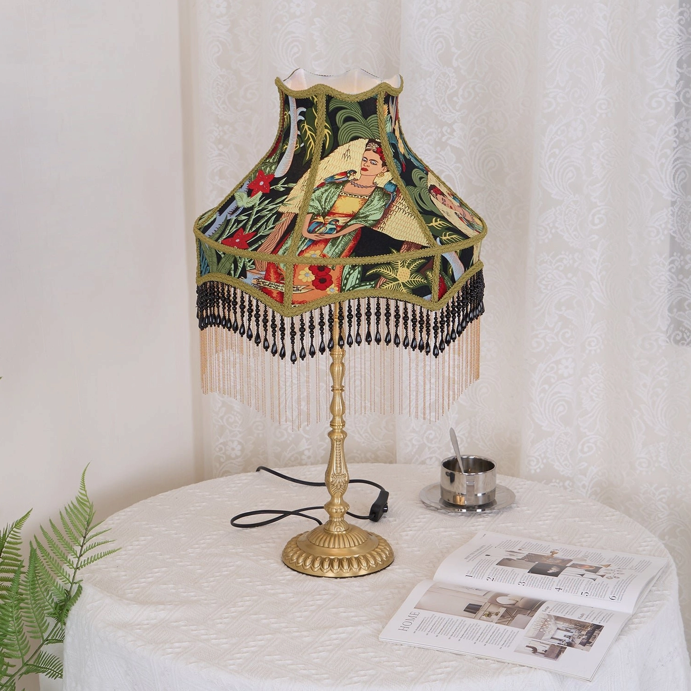 Retro peony botanical table lamp with decorative fringe and refined brass sculpture base