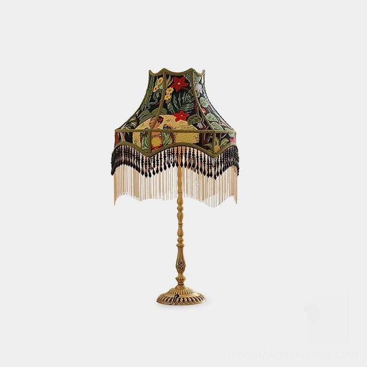 Retro peony table lamp with hand-bound silk shade front profile view