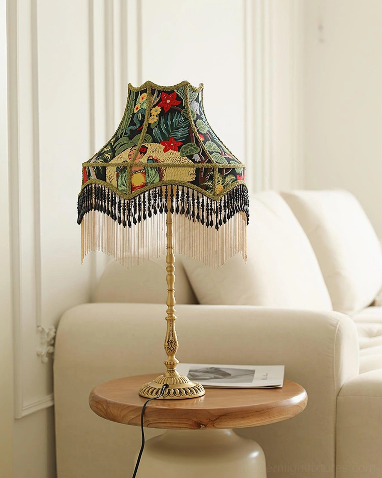 Retro peony embroidered table lamp on small wooden side table with magazine in minimalist living room