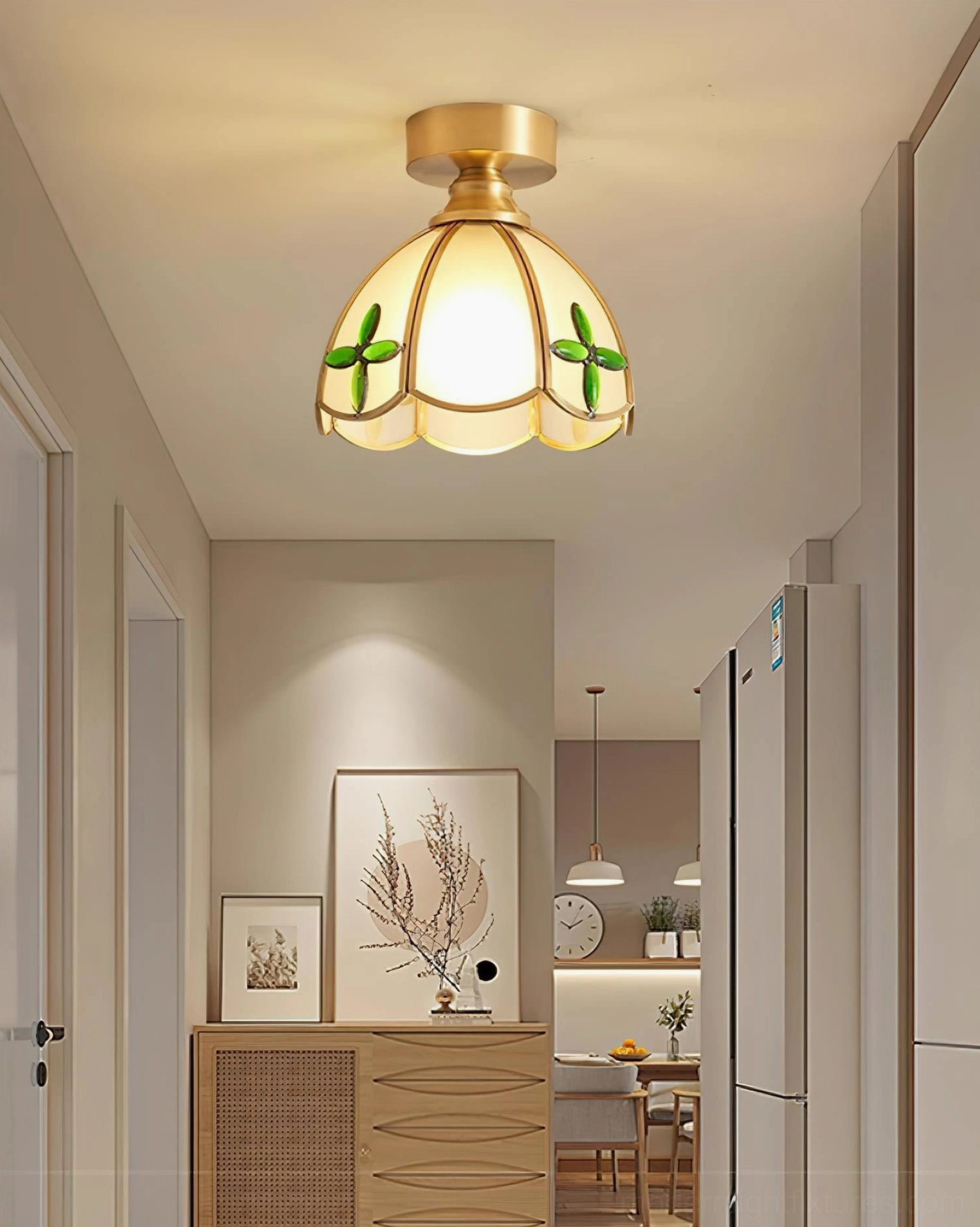 Retro stained glass ceiling light fixture with decorative petal frame design