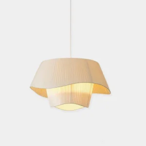 Retro pleated fabric pendant light with double-layer wavy beige shade in studio setting, front view showcasing mid-century modern design