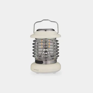 Retro portable LED camp lantern with cream white body and silver metal protective cage guard, front studio view
