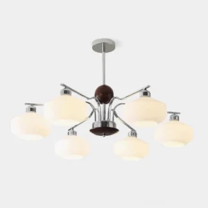 6-light retro sputnik chandelier with chrome frame and milky white glass shades, studio front view