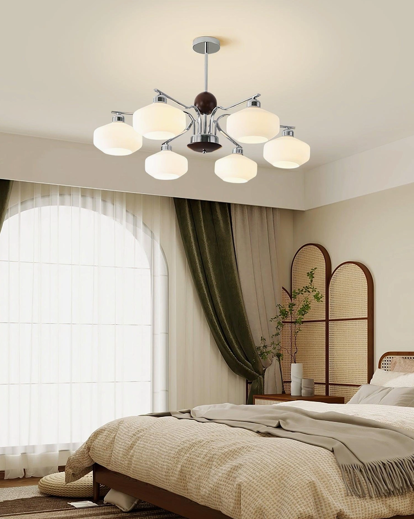 Retro sputnik chandelier with polished chrome frame and frosted glass shades ambient lighting