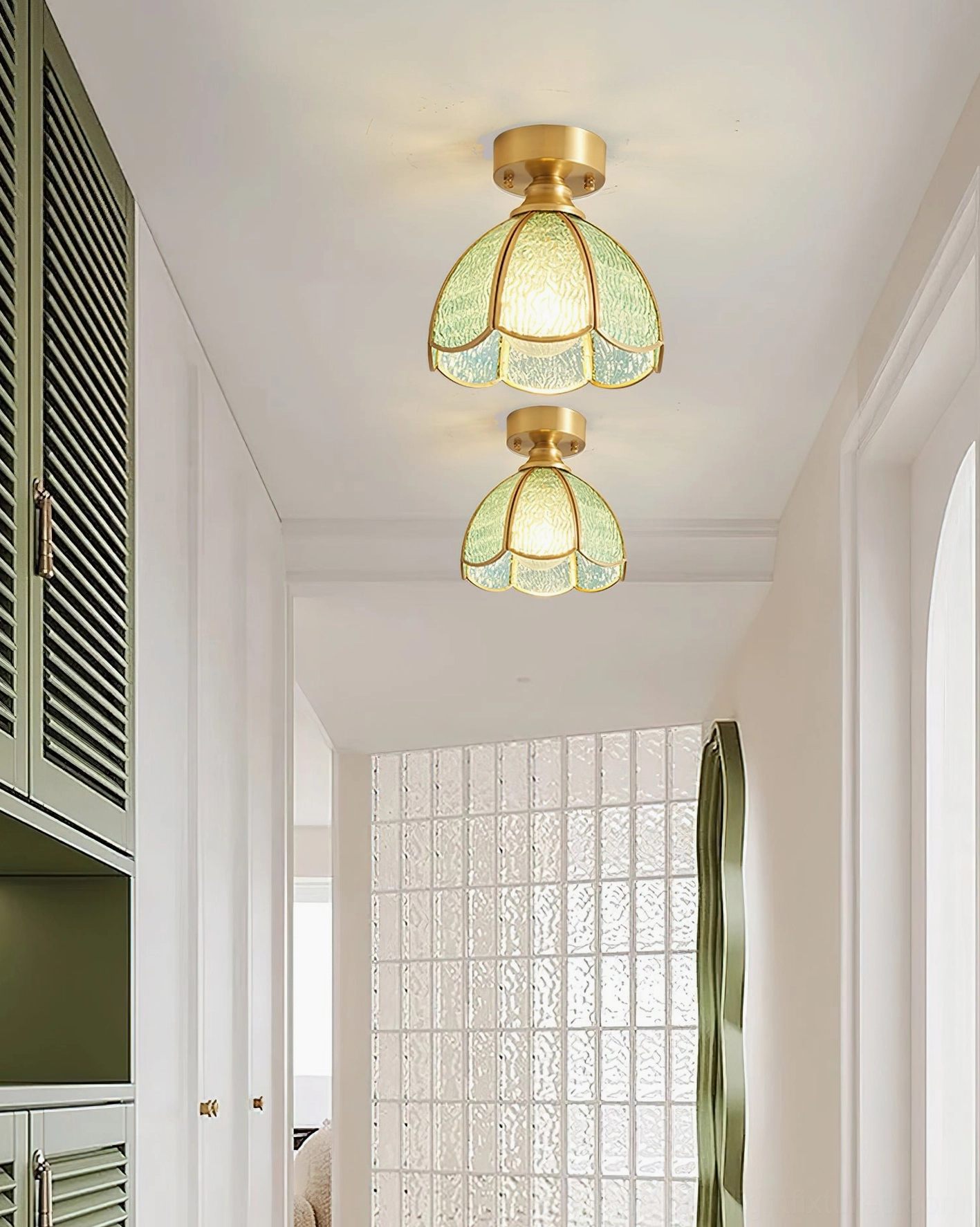 Retro stained glass ceiling light with intricate glass piece arrangement