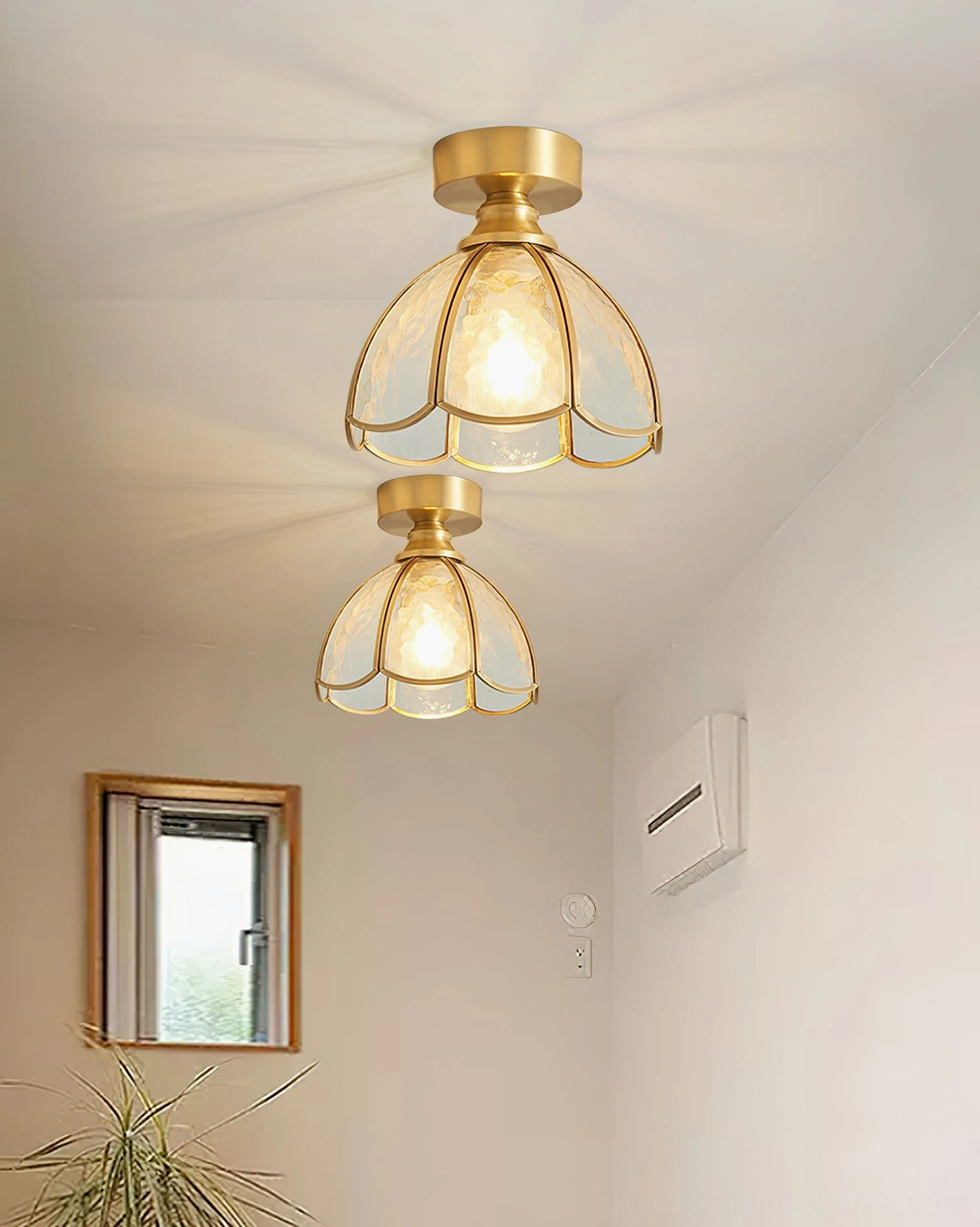Dual vintage stained glass ceiling lights installed in residential entryway hallway