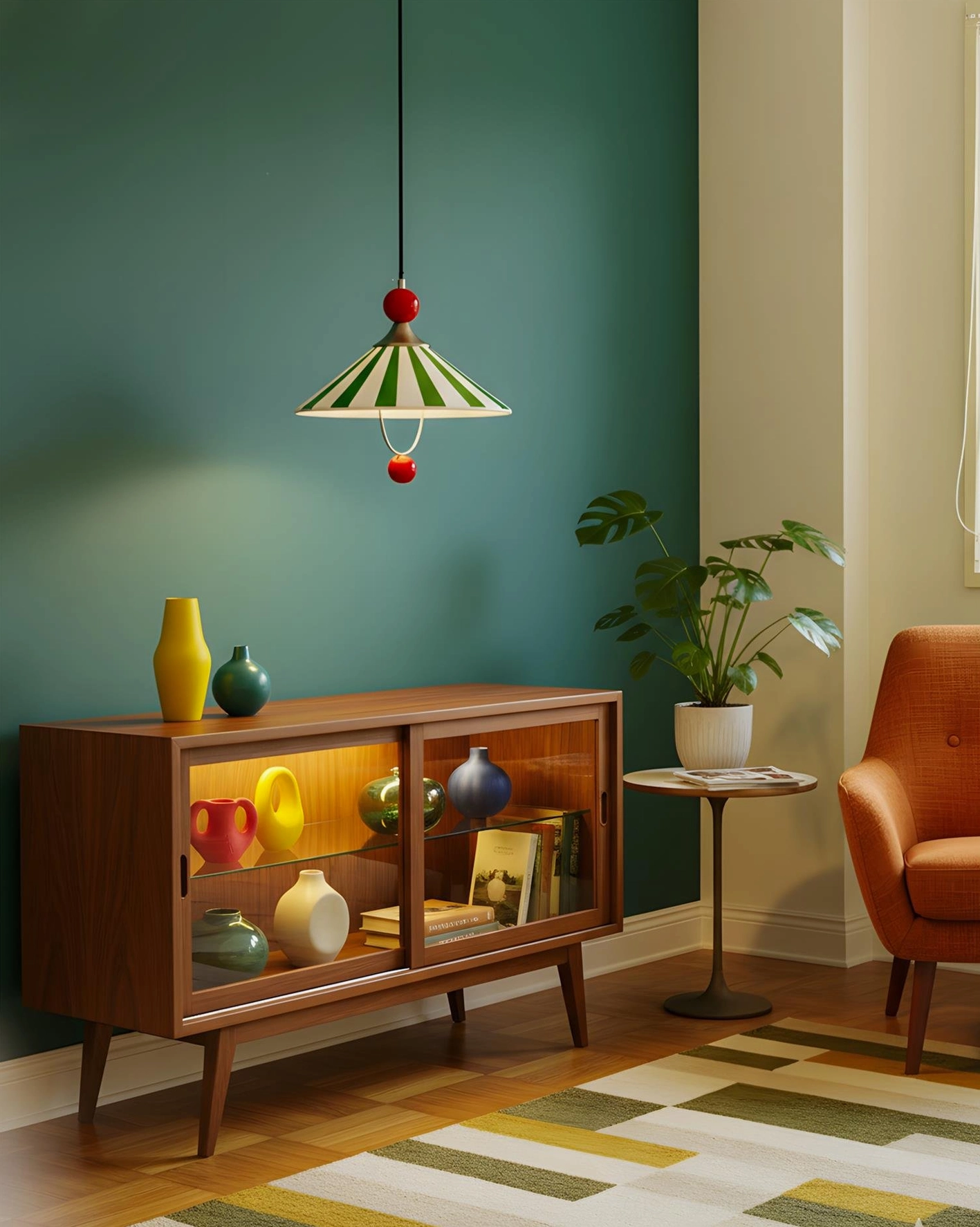 Retro color block pendant light fixture showing striped ceramic shade and red spherical ceramic accents