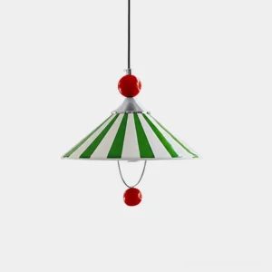 Retro striped ceramic pendant light with red spherical accents, front studio view on white background
