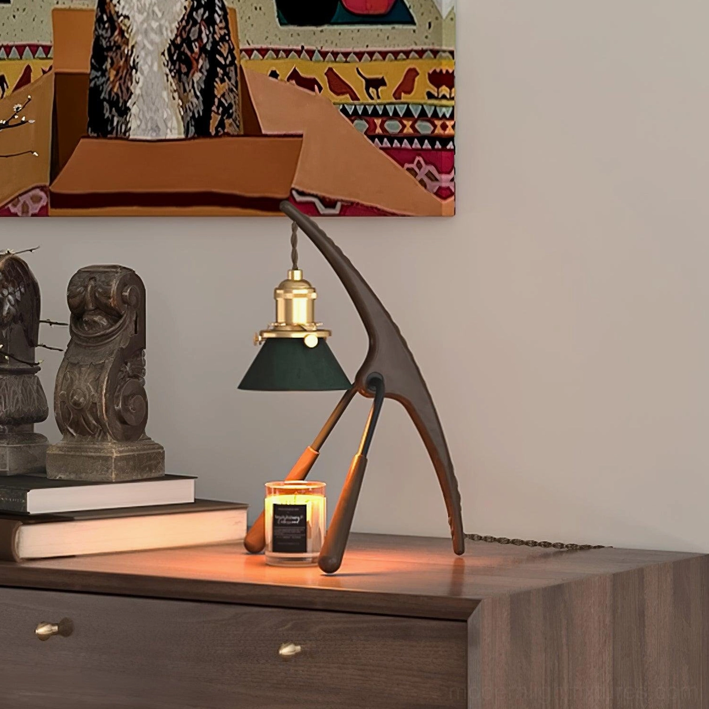 Retro table lamp praying mantis form, relaxation and aromatherapy with scented candle melting