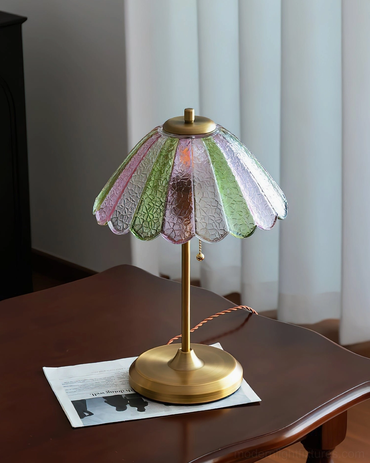 Retro vintage table lamp with ripple textured glass shade in green and rose tones three-quarter angle
