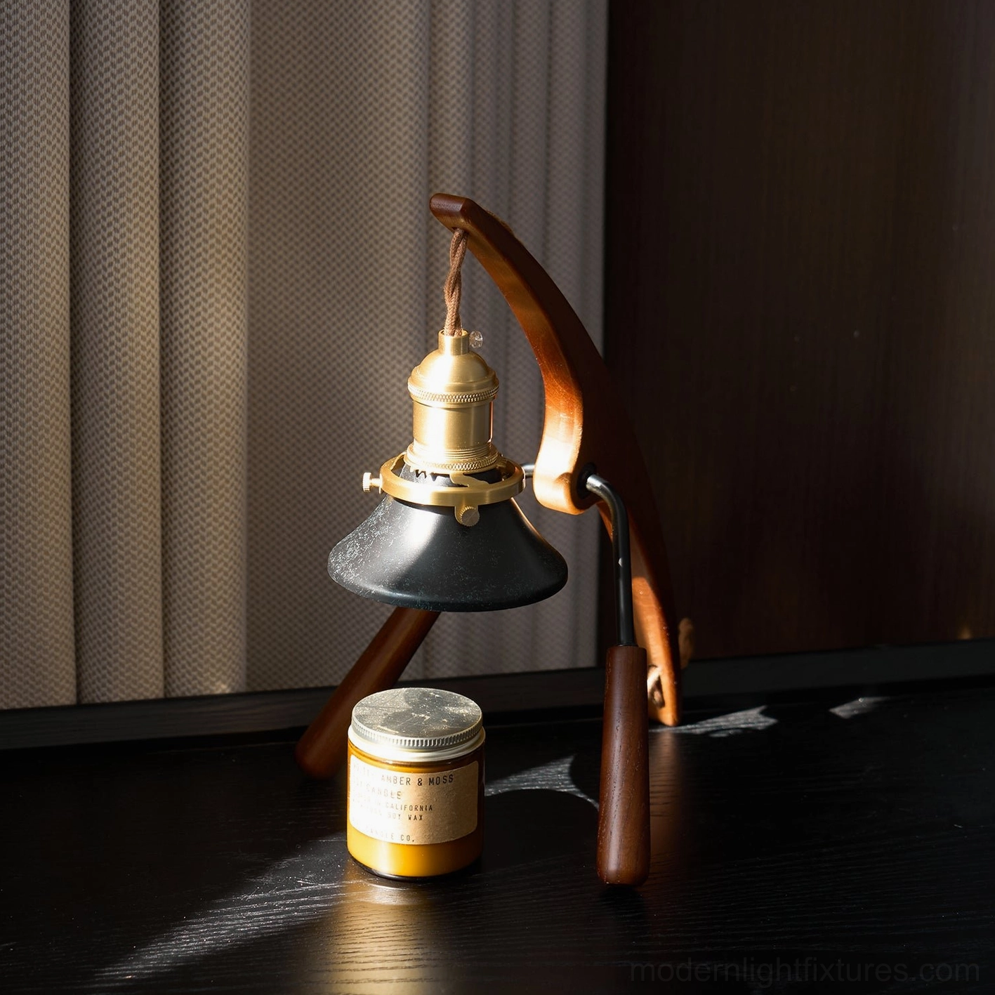 Retro table lamp candle warmer, walnut sculptural design, dimmer switch compatible lighting